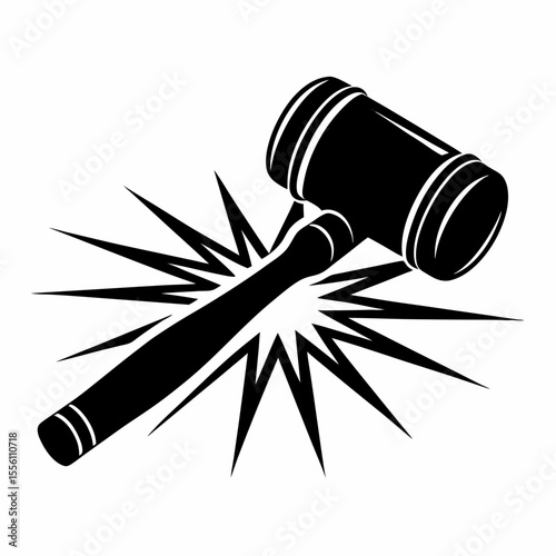 Black Gavel Icon with Starburst Effect on White Background hammer justice