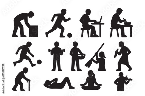 Everyday People Activity Silhouette Vector Set – Work, Sports, Music, Cleaning & More