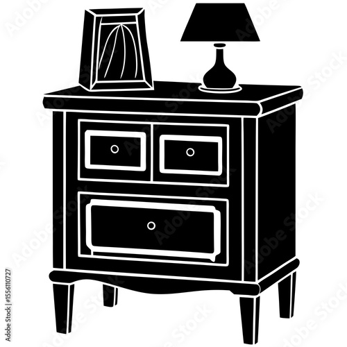 Black silhouette of a bedside table with a lamp and picture frame nightstand furniture