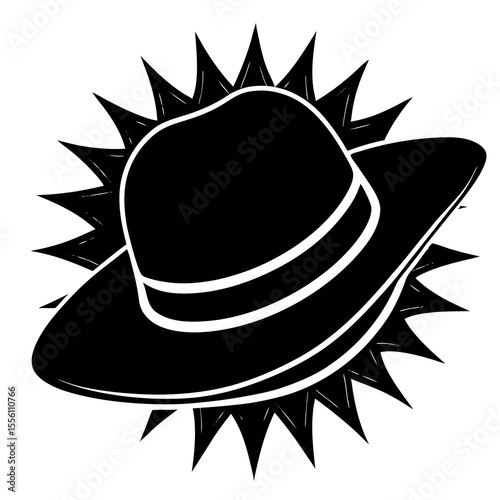 Black silhouette of a wide brimmed sun hat with a spiky sunburst pattern black and white