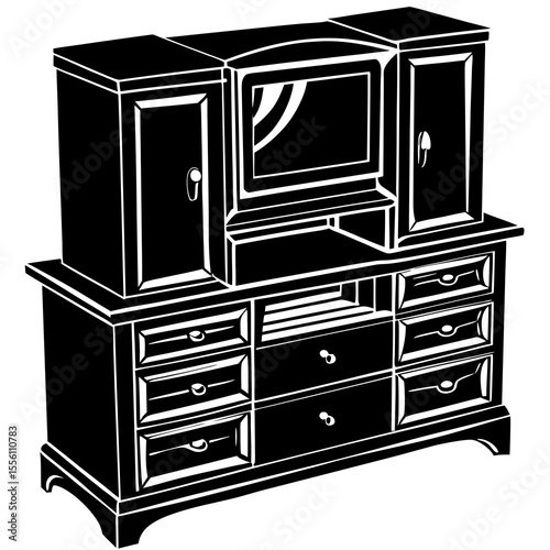 Black silhouette of a wooden entertainment center with drawers and cabinets media console TV stand