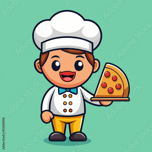 Cute cartoon chef holding a slice of pizza food cooking