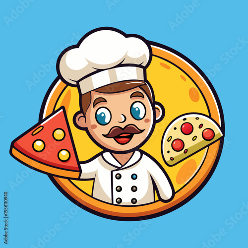 Cute cartoon pizza chef character holding slices of pizza food