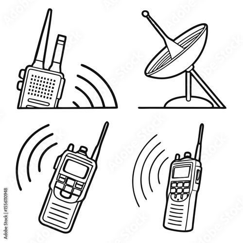 Four vector icons of communication devices including walkie talkies and satellite dish technology signal