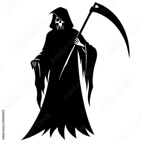Grim Reaper silhouette with scythe on white background death skeleton