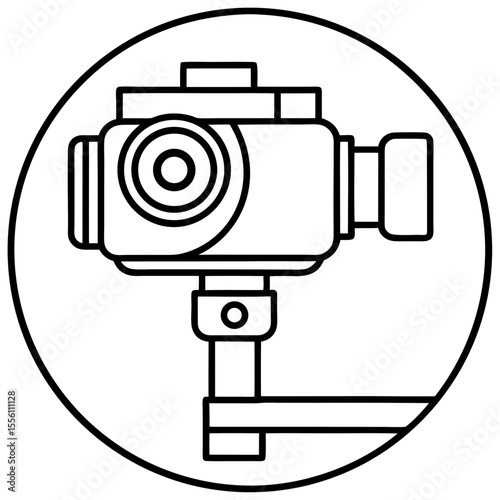 Black and white line art icon of a camera gimbal stabilizer inside a circle photography videography