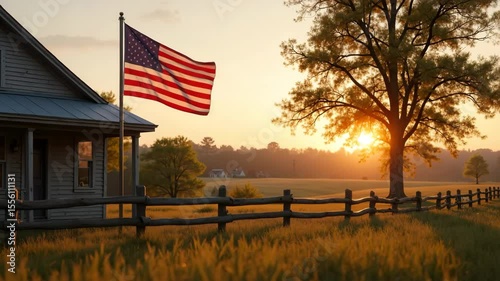 American flag waving proudly at sunrise over rustic farmhouse.  Patriotic scene features rural home, wooden fence, and golden field. Perfect image for Independence Day celebrations,