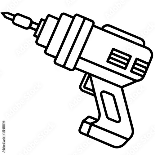 Black and white line art icon of a cordless drill on a white background power tool