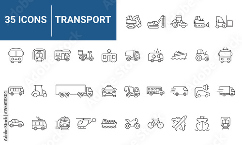Transport set of web icons in linear style. Transport, vehicle and delivery icons for web and mobile app. Public transport, car, bike, train, bicycle, plane, bus, metro, ship, bulldozer, helicopter