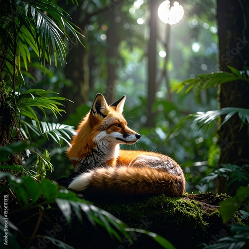Relaxed fox resting in lush jungle underneath green canopy captured in minimalist style