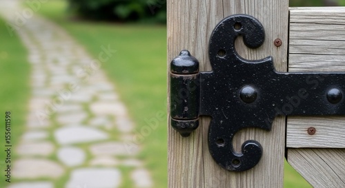 Rustic gate hinge with stone pathway blurred in the background for a charming outdoor scene