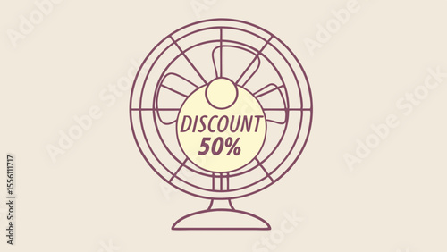 Promotional illustration of a fan with a discount label, vector art, home appliances and sales theme