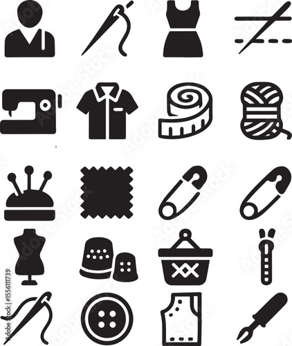  Sewing icon set. Sewing equipment and needlework. Containing tailor, needlework, dress, stitching, fabric, sewing machine, clothes, measuring tape, wool and more. Vector illustration 