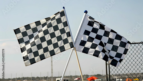 Checkered flags racing finish line motorsport competition race car victory celebration concept