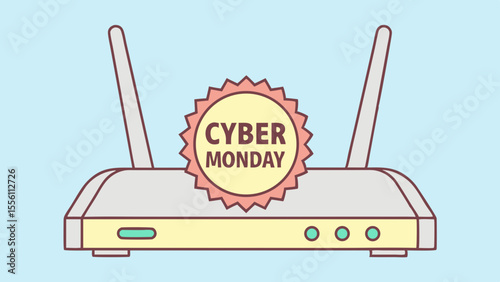 Cyber Monday promotion with wireless router illustration, vector art, online shopping and technology theme