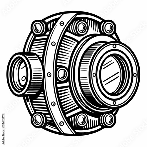 Detailed illustration of a mechanical camera lens, vector art, photography and engineering theme