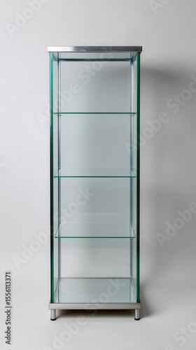 Tall Glass Trophy Case Displaying Sleek Metal Frame with Empty Shelves
