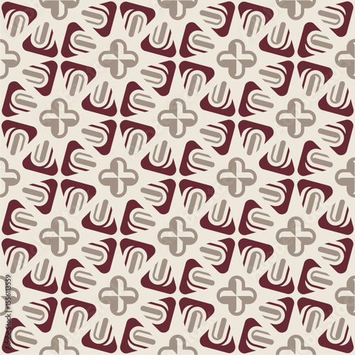 Modern ethnic geometric tile pattern featuring abstract floral shapes and earthy tones in maroon and beige. Perfect for wallpapers, textiles, and surface design with a contemporary cultural touch.