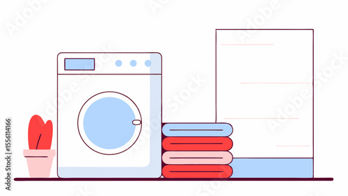 Minimalist laundry setup with washing machine and towels, vector illustration, home care and organization theme