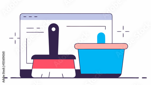 Digital cleaning tools with bucket and brush, vector illustration, technology and maintenance theme