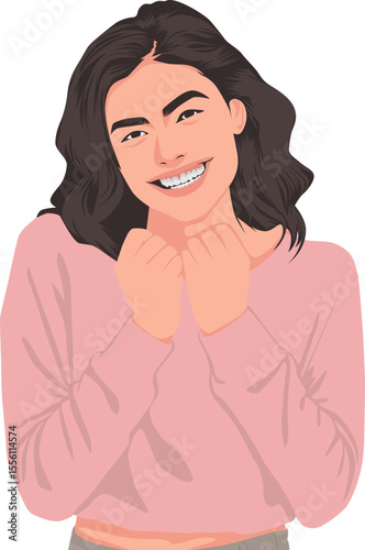 Vector art of a smiling woman wearing a pink sweater showing her happiness and warmth. Radiates positive emotions and a cheerful aura, perfect for everyday themes of joy, connection and happiness.