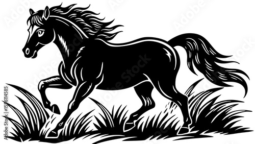Black horse trotting in grassy field, vector illustration, equestrian art and nature theme