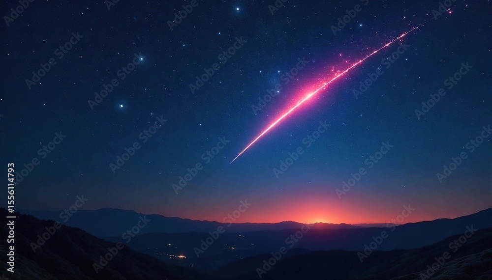 Fototapeta premium A breathtaking view of a single meteor streaking across a dark night sky, leaving a luminous trail of light Perfect for astronomy, space, and celestial themes , sparkle, heaven