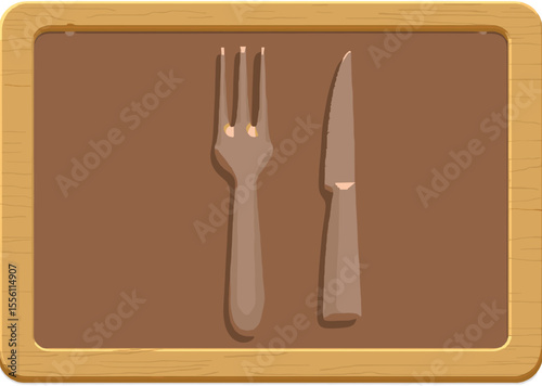 Stylized fork and knife illustration on a wooden cutting board