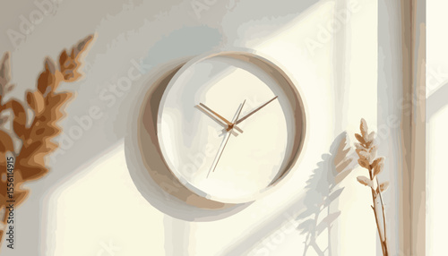 Create a modern white quartz wall clock with a minimalist design casting a soft shadow on a clean white wall in a A modern white quartz wall clock with a minimalist design casting a soft shadow on.