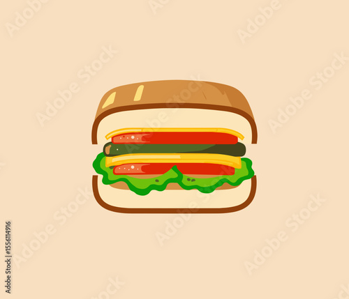 Stylized hamburger illustration with lettuce, tomato, and cheese on a beige background