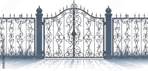 Create a wrought iron mesh fence with intricate designs casting a subtle shadow on a foggy morning,  EPS 10 format, soft, diffused shadows vector art with  white background.