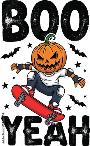 Boo Yeah Halloween t-shirt design with a cool cartoon jack-o'-lantern character on a skateboard.