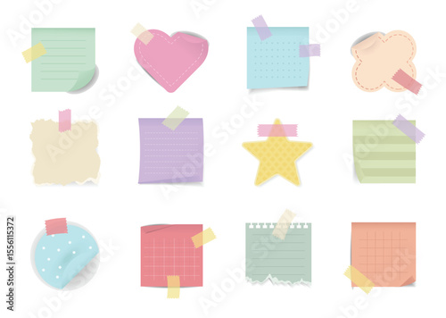 Cute colourful sticky notes with washi tape, heart and star shapes, pastel memo pads, ideal for digital planning, scrapbooking, journaling, and school-themed design.