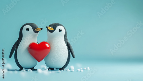 Cute penguin couple sharing love with red hearts floating on a gentle blue pastel backdrop