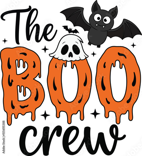 The Boo Crew cute Halloween illustration with cartoon ghost and bat.