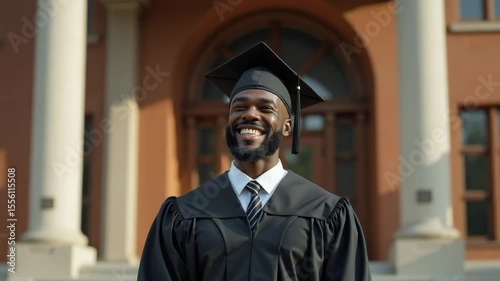 Happy graduate man in academic gown smiling broadly near university building.  Joyful graduate celebrates academic achievement outside college.