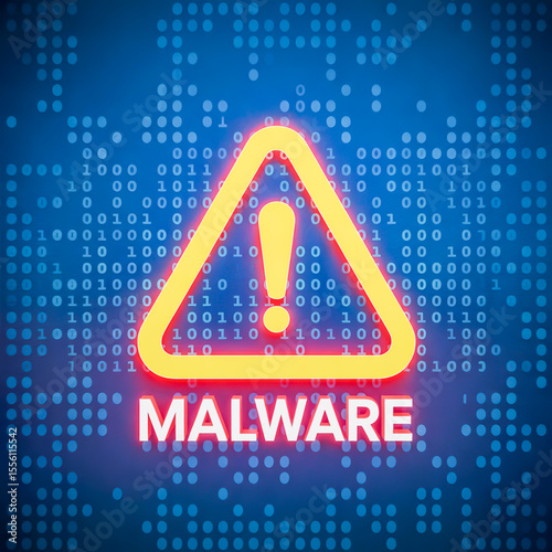 Malware Alert: A glowing yellow warning triangle with an exclamation mark, set against a digital background of binary code, boldly proclaims the word 