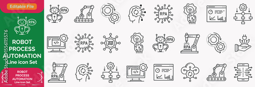 Automation line icon set with editable stroke, featuring intelligent process, finance automation, user interface, business model, digital optimisation, algorithm, BPM. illustration.