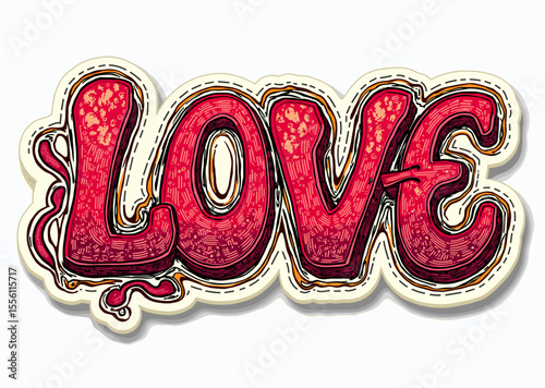 Stylized love word illustration with intricate patterns on a light background