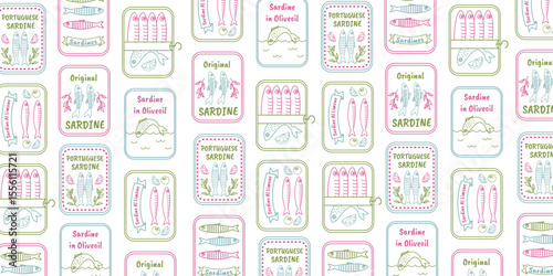 Seamless pattern with hand drawn sardine tin labels. Mediterranean vintage background. Marine coastal wallpaper with canned fish, Portuguese seafood, olive 
oil sardines, and retro packaging.
