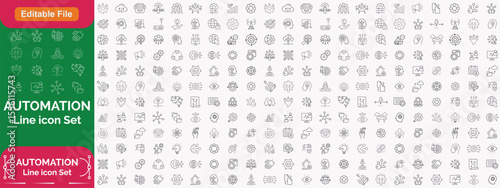 Automation line icon set with editable stroke, featuring intelligent process, finance automation, user interface, business model, digital optimisation, algorithm, BPM. illustration.