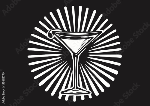 Stylized martini glass illustration with burst background in black and white