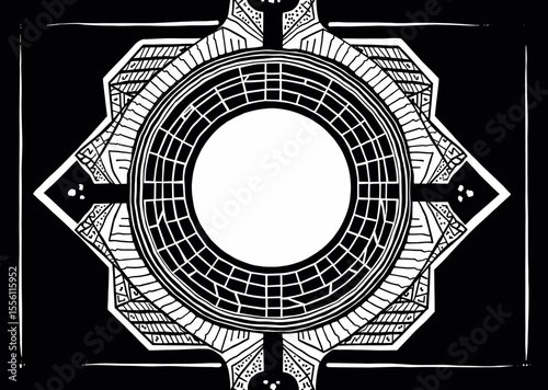 Intricate black and white geometric pattern with a central circle
