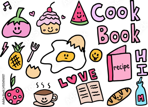 Cute drawings of smiling tomato, cupcake, watermelon, egg, hot coffee, pineapple, cherry, bread loaf, recipe book, milk for cartoon character, comic, grocery shopping, food, sticker, cook book, recipe