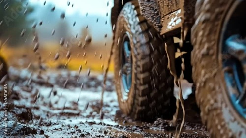 Muddy Wheels in Action: An off-road vehicle navigating a muddy terrain, its tires churning through the thick mud. Capturing the raw power, ruggedness, and adventurous spirit of off-roading.
