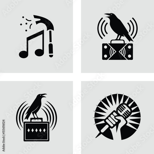 Musical Crow Icons Rock, Blues, and Folk Music Illustrations