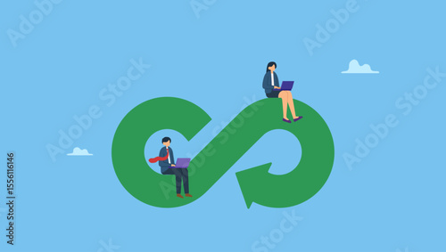 Business people working with laptop on circular economy cycle symbols. Sustainability, ecology with reusable resource, energy or eco friendly product, recycle material or environment protection.