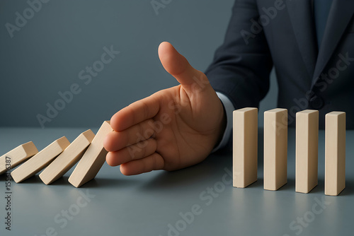 Businessperson Stopping Dominoes, Risk Management and Prevention