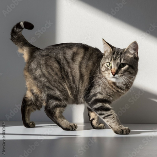 Cat sitting on table by window looking at mouse indoors