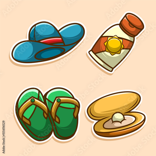 Beach Day Essentials Sun Hat, Sunscreen, Flip-flops, and Seashell